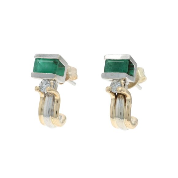 Yellow Gold Emerald Diamond Short J-Hook Earrings - 14k .80ctw Pierced - Picture 2 of 4